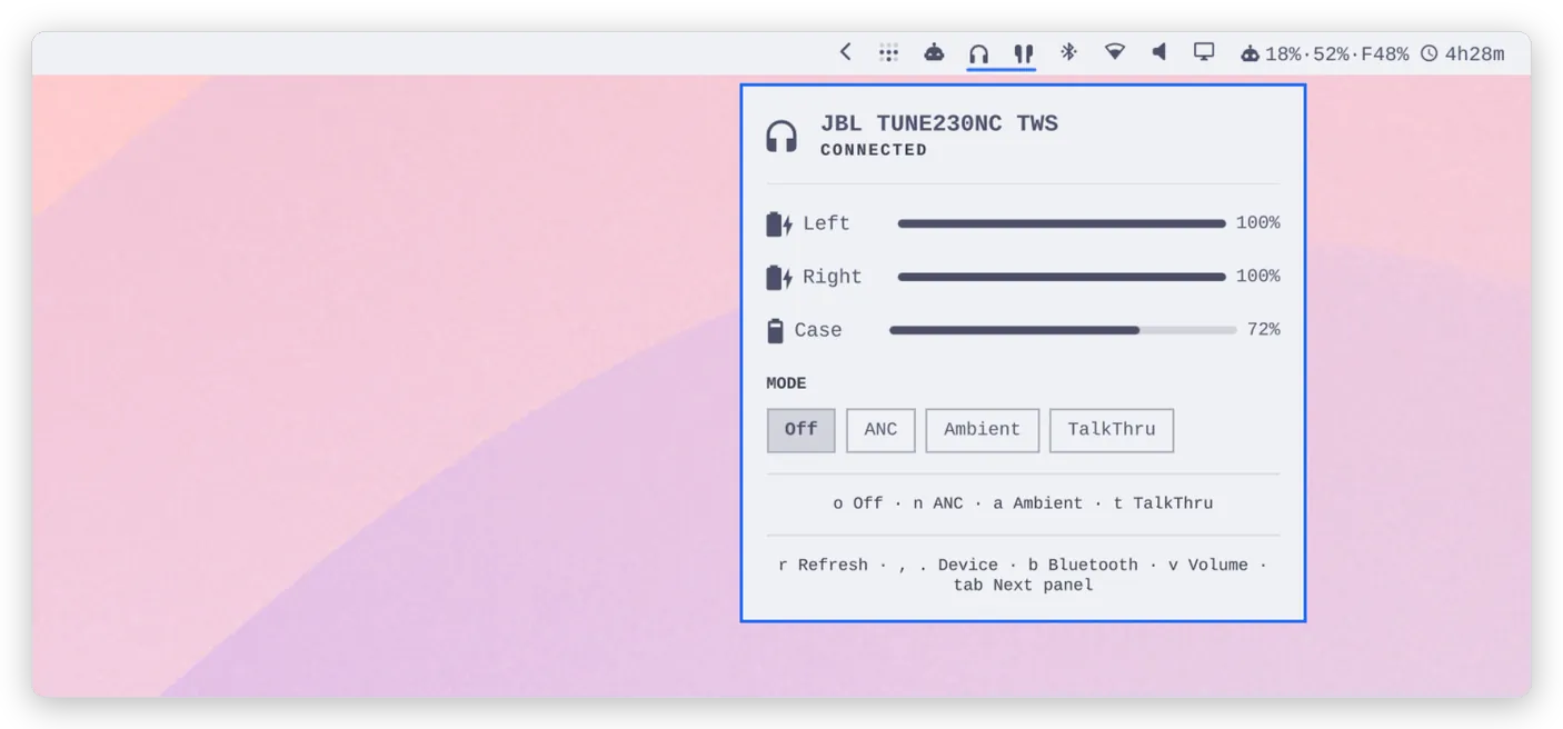 Omaphones plugin in the Omarchy bar: per-earbud battery and listening modes